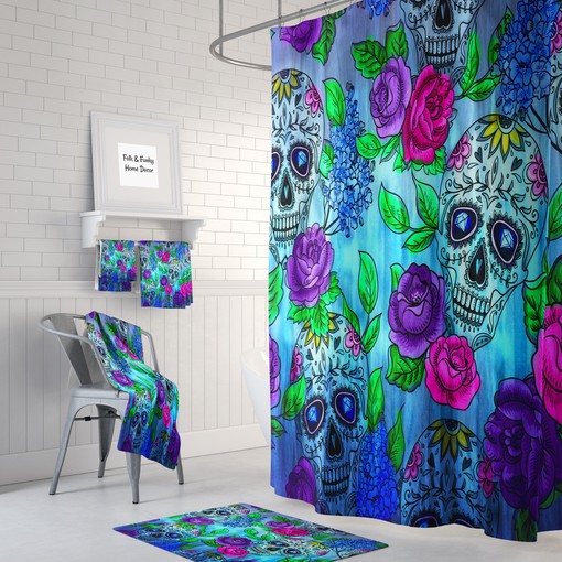 Colorful Sugar Skull Shower Curtain Set with Coordinating Bath Towels and Mats for Vibrant Ambiance