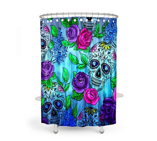 Colorful Sugar Skull Shower Curtain Set with Coordinating Bath Towels and Mats for Vibrant Ambiance - Image 2