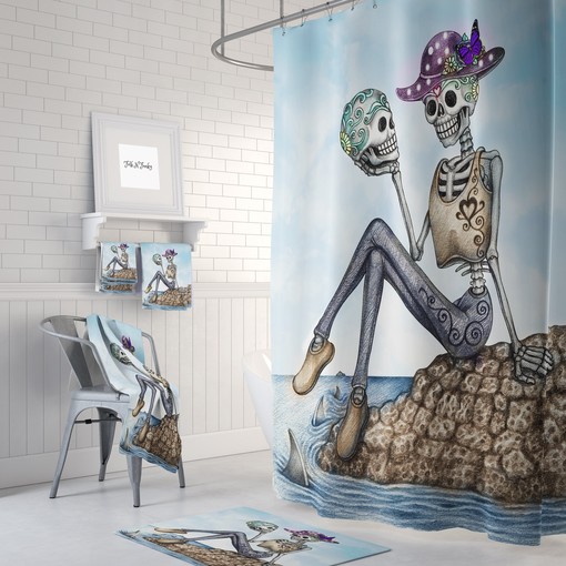 Colorful Sugar Skull Shower Curtain with Day of the Dead Bath Mat and Towels for Bold Statements