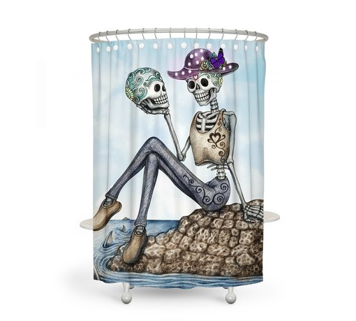 Colorful Sugar Skull Shower Curtain with Day of the Dead Bath Mat and Towels for Bold Statements - Image 2