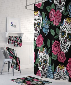 Colorful Sugar Skull and Floral Print Shower Curtain Set - Eye-Catching Bath Set Mat for Bold Bathroom Decor