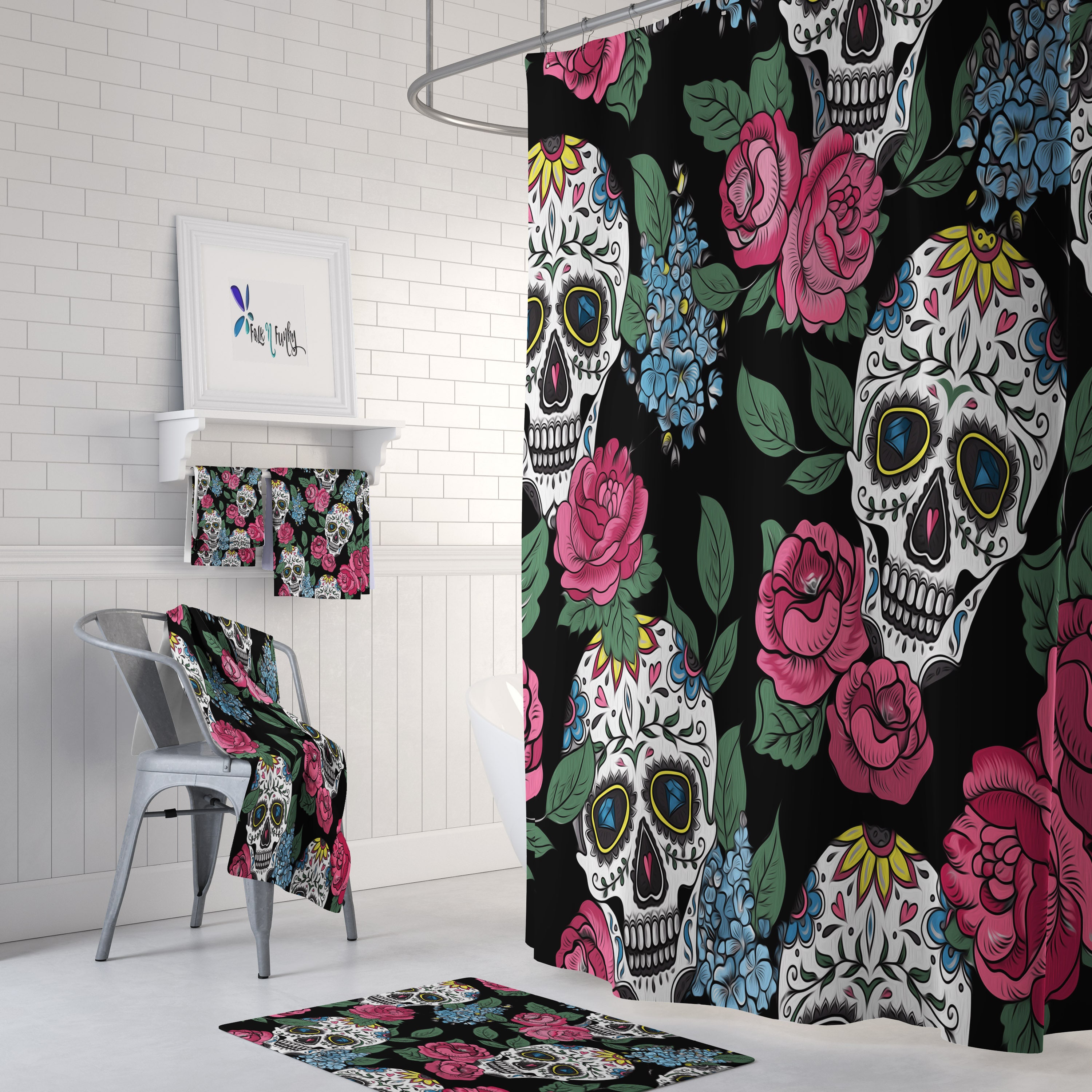 Colorful Sugar Skull and Floral Print Shower Curtain Set - Eye-Catching Bath Set Mat for Bold Bathroom Decor