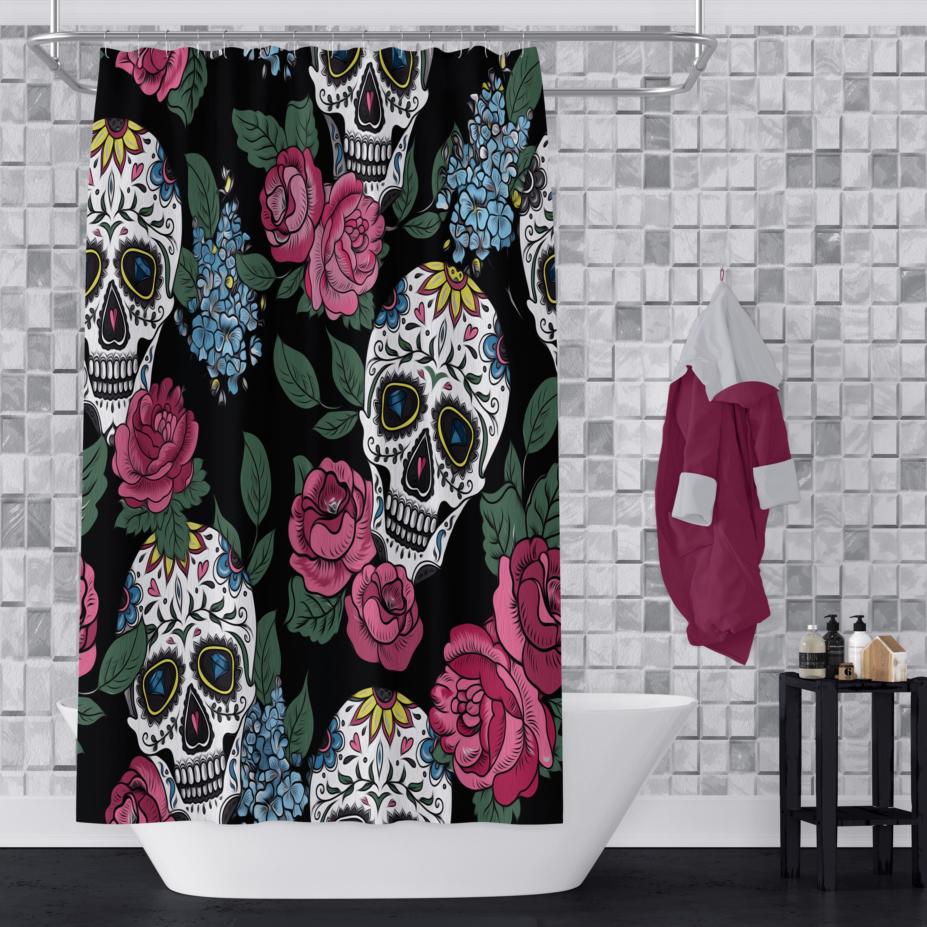 Colorful Sugar Skull and Floral Print Shower Curtain Set - Eye-Catching Bath Set Mat for Bold Bathroom Decor - Image 2