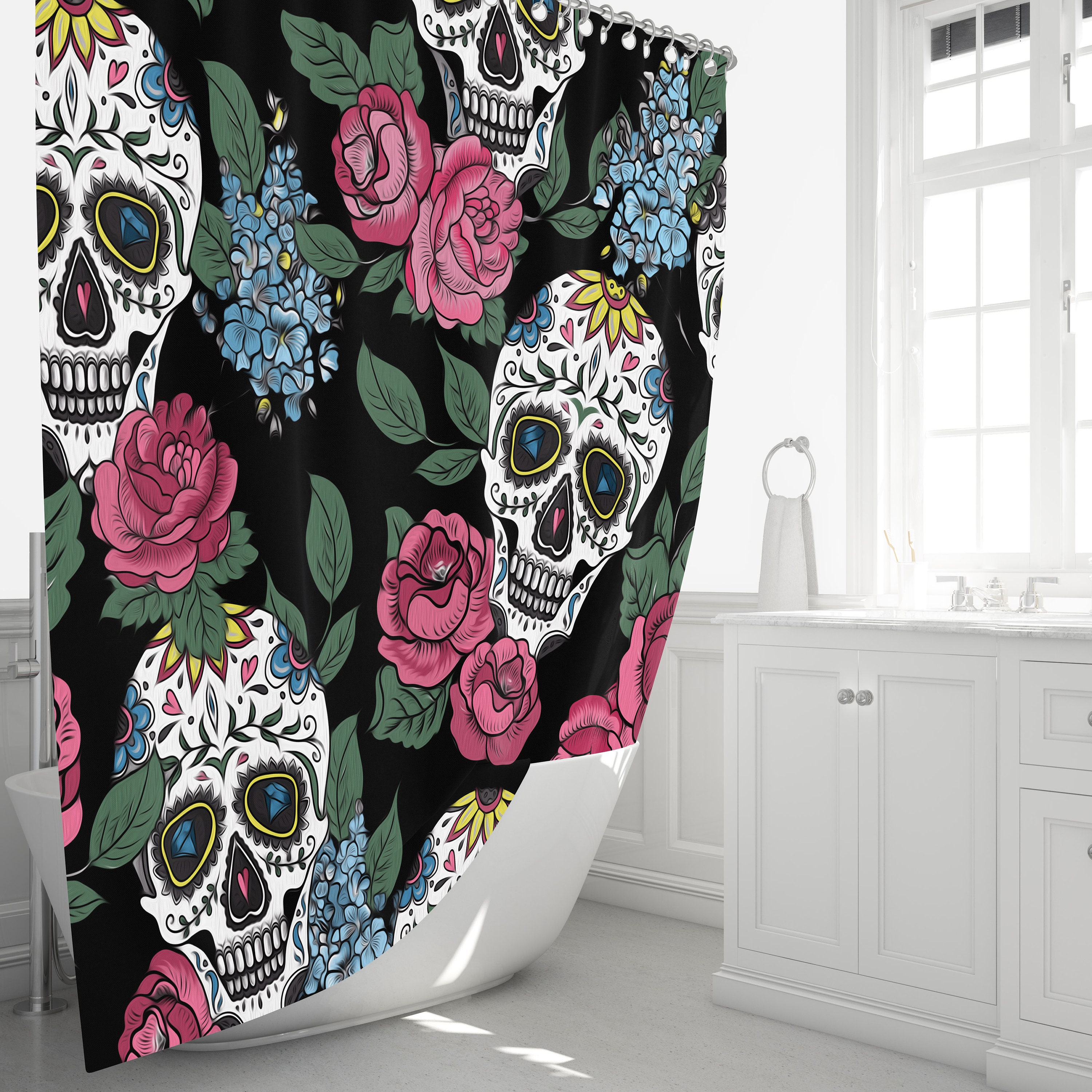 Colorful Sugar Skull and Floral Print Shower Curtain Set - Eye-Catching Bath Set Mat for Bold Bathroom Decor - Image 3