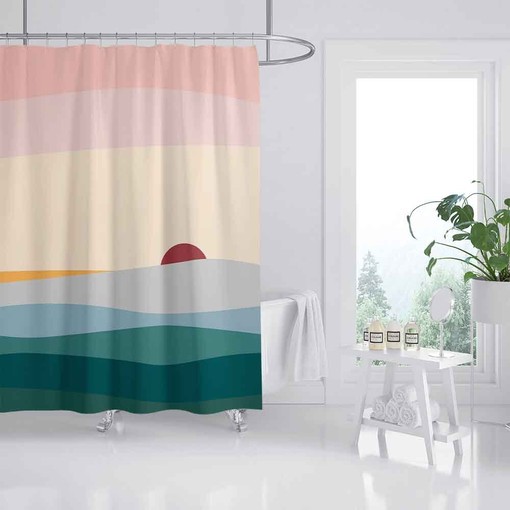 Colorful Sunrise Shower Curtain - Pink and Abstract Waterproof Bath Decor with Hooks and Custom Sizes Available - Image 2