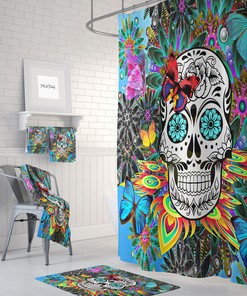 Colorful Tropical Sugar Skull Shower Curtain Set with Day of the Dead Bath Mat and Towels for Exotic Ambiance