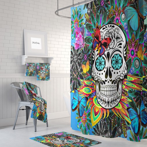 Colorful Tropical Sugar Skull Shower Curtain Set with Day of the Dead Bath Mat and Towels for Exotic Ambiance
