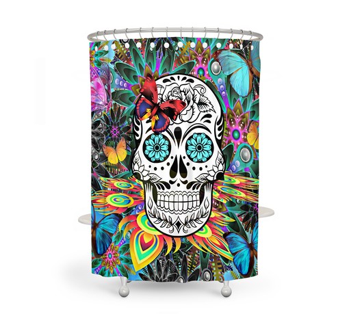 Colorful Tropical Sugar Skull Shower Curtain Set with Day of the Dead Bath Mat and Towels for Exotic Ambiance - Image 2