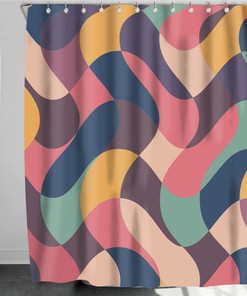 Colorful Vintage Retro Abstract Shower Curtain, Boho Pink Blue Yellow Bathroom Curtain, Unique Bath Accessory