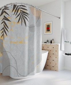 Contemporary Abstract Art Shower Curtain or Mat, Warm Earth Tones with Lakehouse Leaves Tropical Design