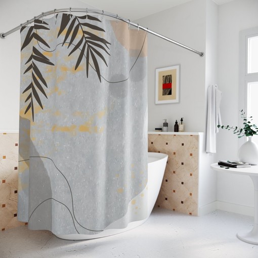 Contemporary Abstract Art Shower Curtain or Mat, Warm Earth Tones with Lakehouse Leaves Tropical Design