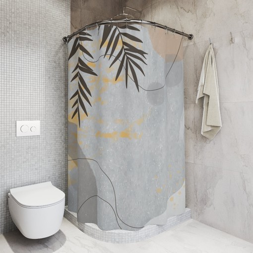 Contemporary Abstract Art Shower Curtain or Mat, Warm Earth Tones with Lakehouse Leaves Tropical Design - Image 2