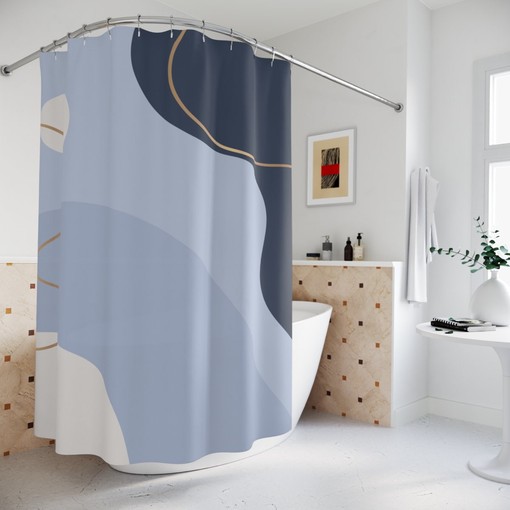 Contemporary Art Modern Blue Gold Boho Abstract Pattern Shower Curtain - Image 2
