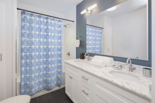 Contemporary Blue Spirals Shower Curtain for College Dorms - Image 2