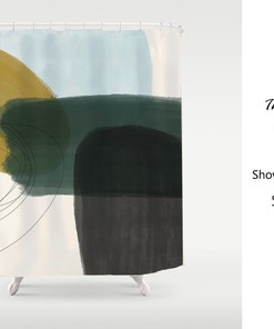 Contemporary Japanese Style Shower Curtain - Abstract Color Blocks in Black Green and Beige