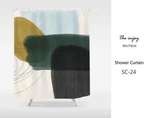 Contemporary Japanese Style Shower Curtain - Abstract Color Blocks in Black Green and Beige