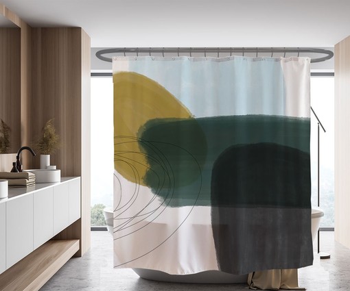 Contemporary Japanese Style Shower Curtain - Abstract Color Blocks in Black Green and Beige - Image 2