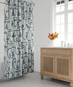 Contemporary Mid-Century Shower Curtain with Abstract Face and Continuous Line Design, Unique Bath Decor