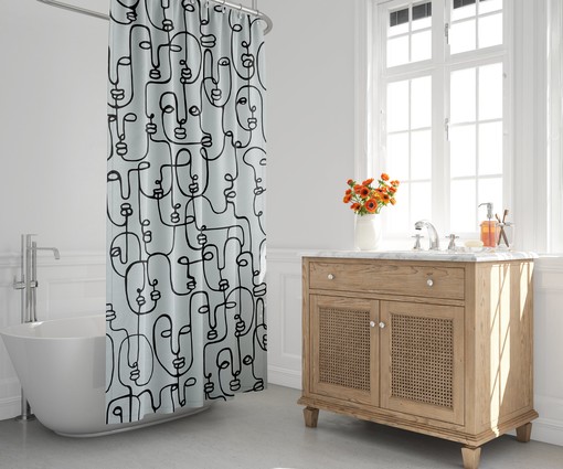Contemporary Mid-Century Shower Curtain with Abstract Face and Continuous Line Design, Unique Bath Decor