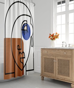 Contemporary Mid-Century Shower Curtain with Abstract Face and Nordic Design, Modern Bath Decor