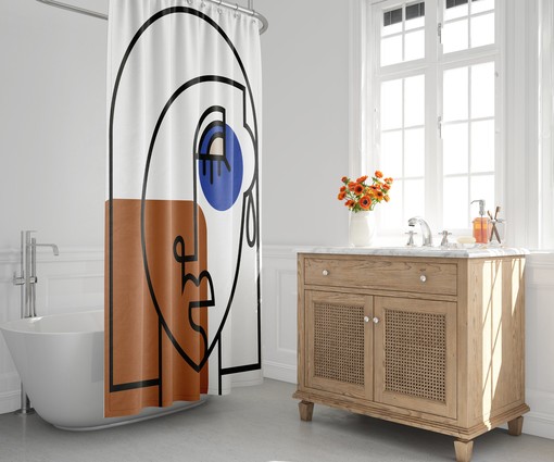 Contemporary Mid-Century Shower Curtain with Abstract Face and Nordic Design, Modern Bath Decor