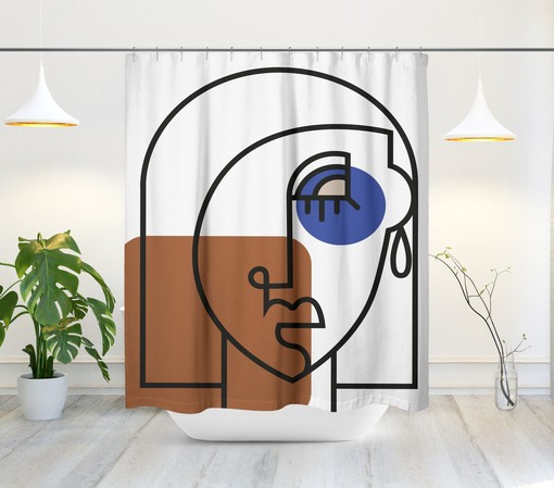 Contemporary Mid-Century Shower Curtain with Abstract Face and Nordic Design, Modern Bath Decor - Image 2