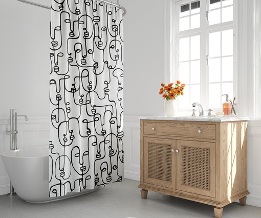 Contemporary Mid-Century Shower Curtain with Abstract Faces, Minimalist Design, Stylish Bathroom