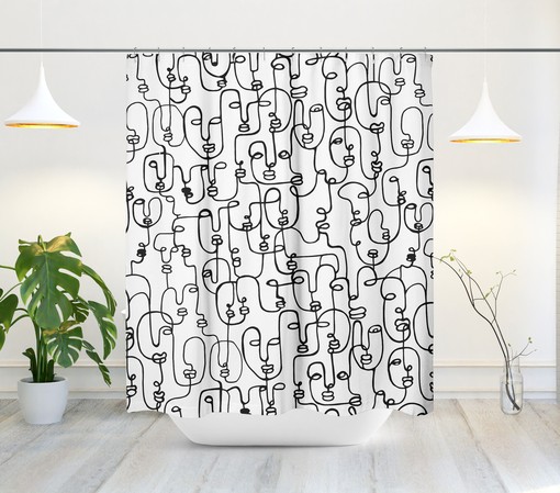 Contemporary Mid-Century Shower Curtain with Abstract Faces, Minimalist Design, Stylish Bathroom - Image 2