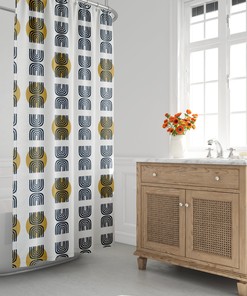 Contemporary Mid-Century Shower Curtain with Geometric Moon and Rainbow Design, Scandi Bath Decor