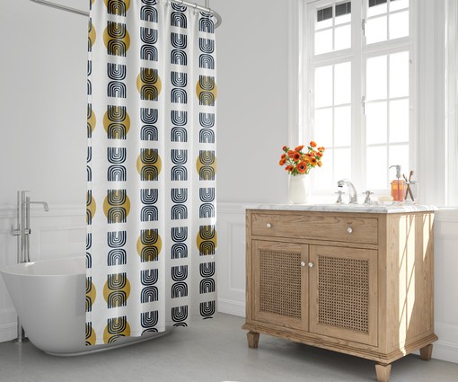 Contemporary Mid-Century Shower Curtain with Geometric Moon and Rainbow Design, Scandi Bath Decor
