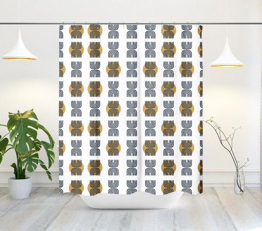 Contemporary Mid-Century Shower Curtain with Geometric Moon and Rainbow Design, Scandi Bath Decor - Image 2