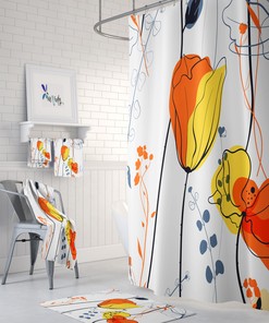 Contemporary Mod Floral Shower Curtain Set - Trendy Bath Set with Optional Towels and Mat for Modern Bathroom Decor