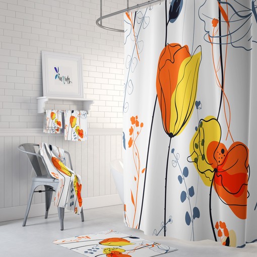 Contemporary Mod Floral Shower Curtain Set - Trendy Bath Set with Optional Towels and Mat for Modern Bathroom Decor