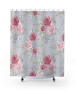 Contemporary Pink Roses Shower Curtain | Gray Floral Pattern | Restroom Bathroom Decor | Romantic Bath Design