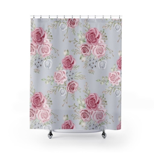 Contemporary Pink Roses Shower Curtain | Gray Large Floral Pattern | Girls' Bathroom Decor | Bath Curtain