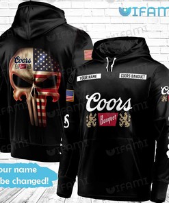 Coors Banquet All Over Print Hoodie with Punisher Skull, Custom Name, and USA Flag Design for Beer Lovers