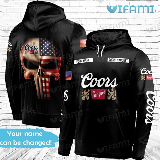 Coors Banquet All Over Print Hoodie with Punisher Skull, Custom Name, and USA Flag Design for Beer Lovers