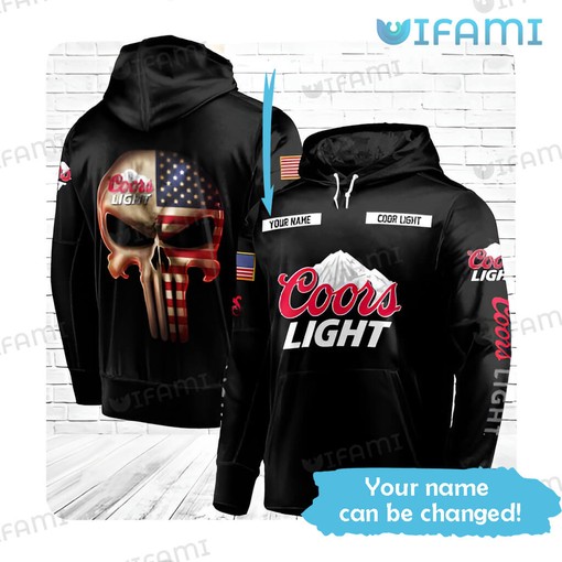 Coors Light All Over Print Hoodie with Punisher Skull, Custom Name, and USA Flag Design for Beer Lovers