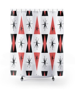 Coral Mid Century Modern Shower Curtain, Retro Bathroom Decor Accessories