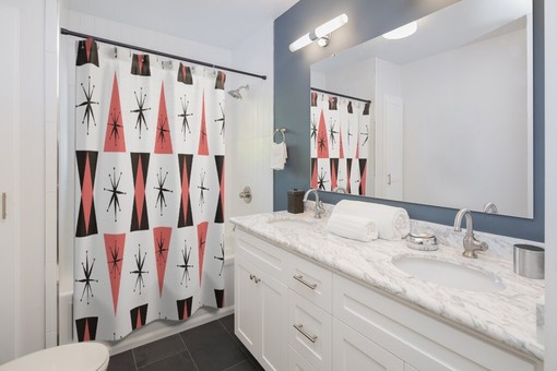 Coral Mid Century Modern Shower Curtain, Retro Bathroom Decor Accessories - Image 2