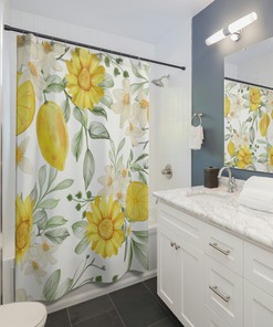 Cottage Core Bathroom Decor with Wildflowers and Yellow Floral Boho Shower Curtain