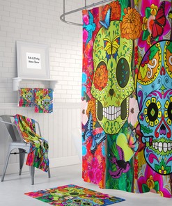 Crazy Colorful Skull Shower Curtain Set - Unique Bath Decor with Optional Accessories