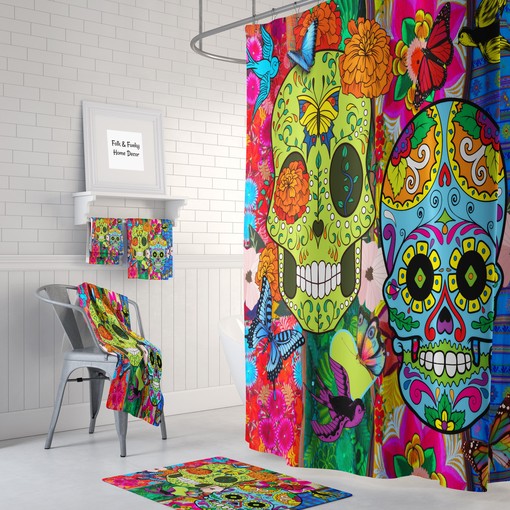 Crazy Colorful Skull Shower Curtain Set - Unique Bath Decor with Optional Accessories