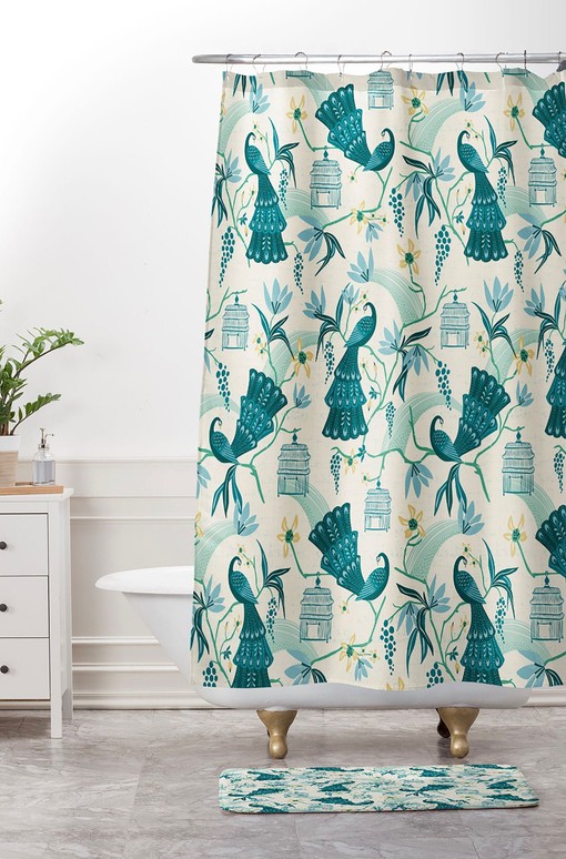 Cream Aviary Chinoiserie Shower Curtain, Birds Bathroom Decor, Vintage-Inspired Fabric Bath Curtain