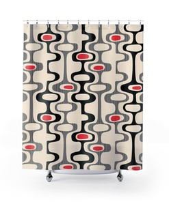 Cream Mid Century Modern Shower Curtain, Vintage Retro Apartment Bathroom Decor