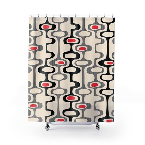 Cream Mid Century Modern Shower Curtain, Vintage Retro Apartment Bathroom Decor