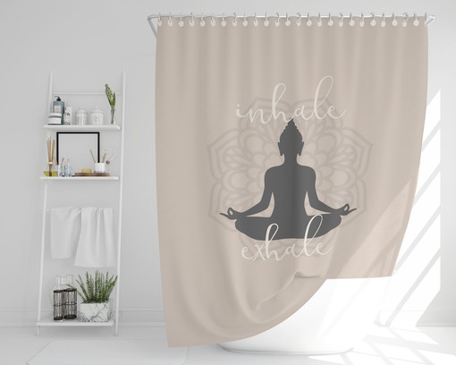 Create a Calm Bath Space with Zen Spa Bathroom Shower Curtain featuring Inhale Exhale and Mandala Design