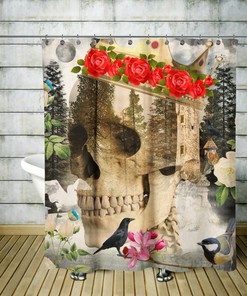 Creepy Bathroom Decor with Gothic Skull Shower Curtain and Restroom Shower Curtain Ideas