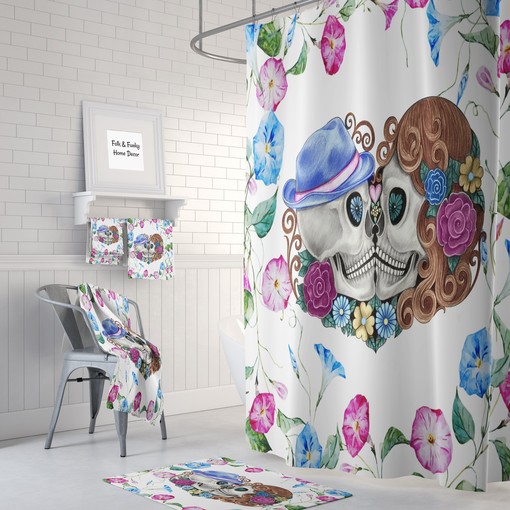 Creepy Gothic Bathroom Decor with Kissing Skulls Shower Curtain and Unique Shower Curtain Ideas