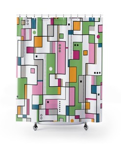 Cubism Mid Century Modern Shower Curtain, Vintage Retro 1960s Bathroom Decor